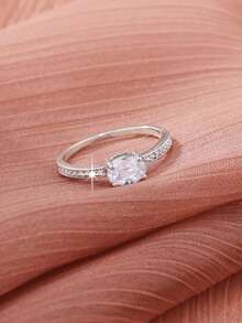 1pc Sparkling Oval Synthetic Zirconia Ring, Valentine's Day, Anniversary, Holiday Gift - Silver - View 3