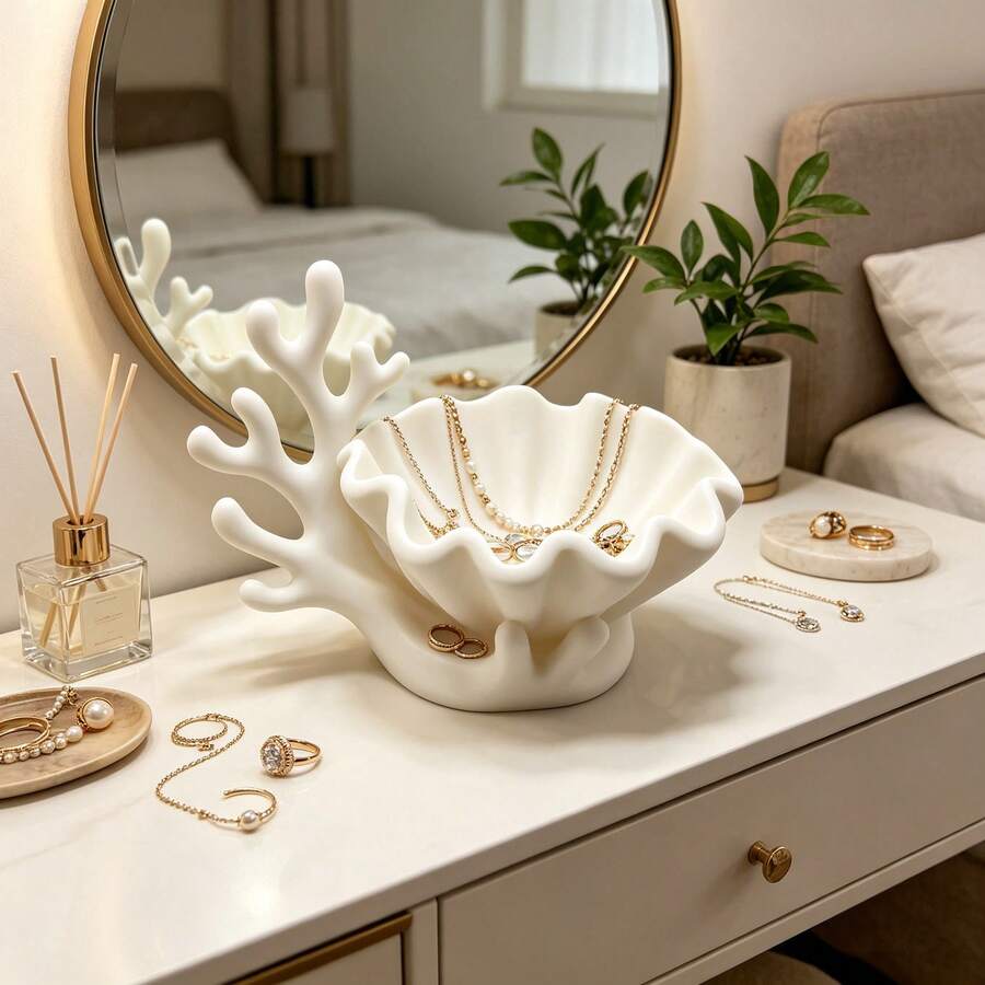 3D Printed PLA White Coral Shell Trinket Dish, Nautical Coral Branch Sculpture Storage Bowl, Multi-Functional Wavy Shell Decorative Tray For Mini Succulent Plants, Necklaces, Soaps And Small Accessories, Vanity Dresser Bathroom Desktop Organizer, Unique Coastal Table Decor And Housewarming Gift - Multicolor - View 1