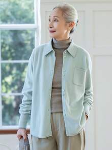 女款時尚淡藍色羊毛開襟衫，口袋鈕扣針織衫襯衫，適合萬聖節、感恩節、聖誕節假期穿搭 - 薄荷綠 - 查看 1