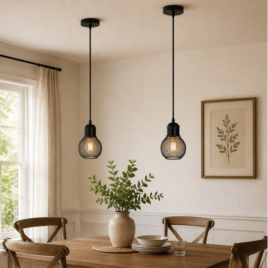 1PC Vintage Industrial Minimalist Pendant Light, Mesh Pendant Light With Pear-Shaped Lampshade, Adjustable Rope, E27 Socket, Hardwired, Cast Iron Ceiling Light Fixture Suitable For Kitchen Island, Dining Room, Bedroom, Living Room (Bulb Not Included) - Black - View 1