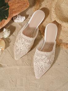 HGUIGJ Women's Pointed Toe Hollow Woven Mule Slippers, Beige Mesh Floral Woven Craft, Fresh Vacation Style, Suitable For Spring/Summer Beach, Travel And Daily Wear - Apricot - View 5