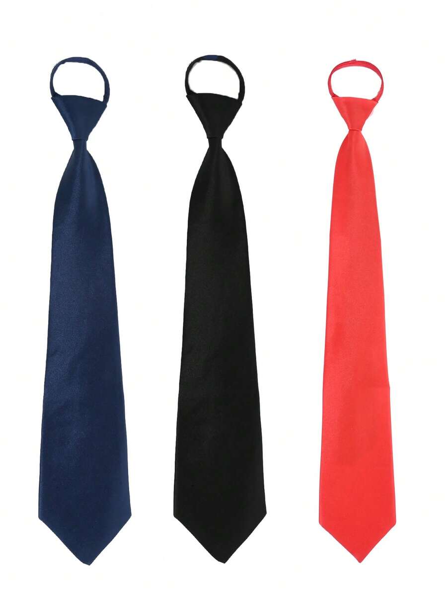 3 piezas Corbatas de hombre sin nudo, corbatas de negocios, corbatas formales de unicolor simple - 3 piezas (negro + rojo + azul marino) - Ver 1