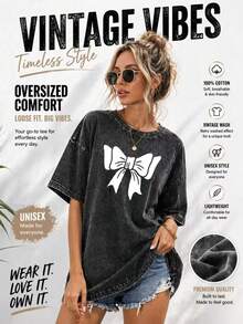 2026 Summer New Vintage  Unisex Washed Distressed T-Shirt With Exquisite Bow Print Pattern, Featuring A Fresh And Fun Des Casual Outfi  Damen - Black - View 2