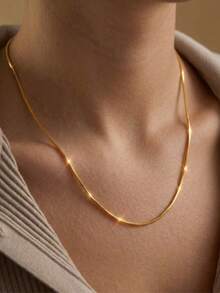 18K Gold Plated Stainless Steel Snake Chain Necklace For Women, Waterproof & Anti-Oxidation Fine Round Woven Collar, Minimalist Elegant Jewelry Gift - Gold - View 1