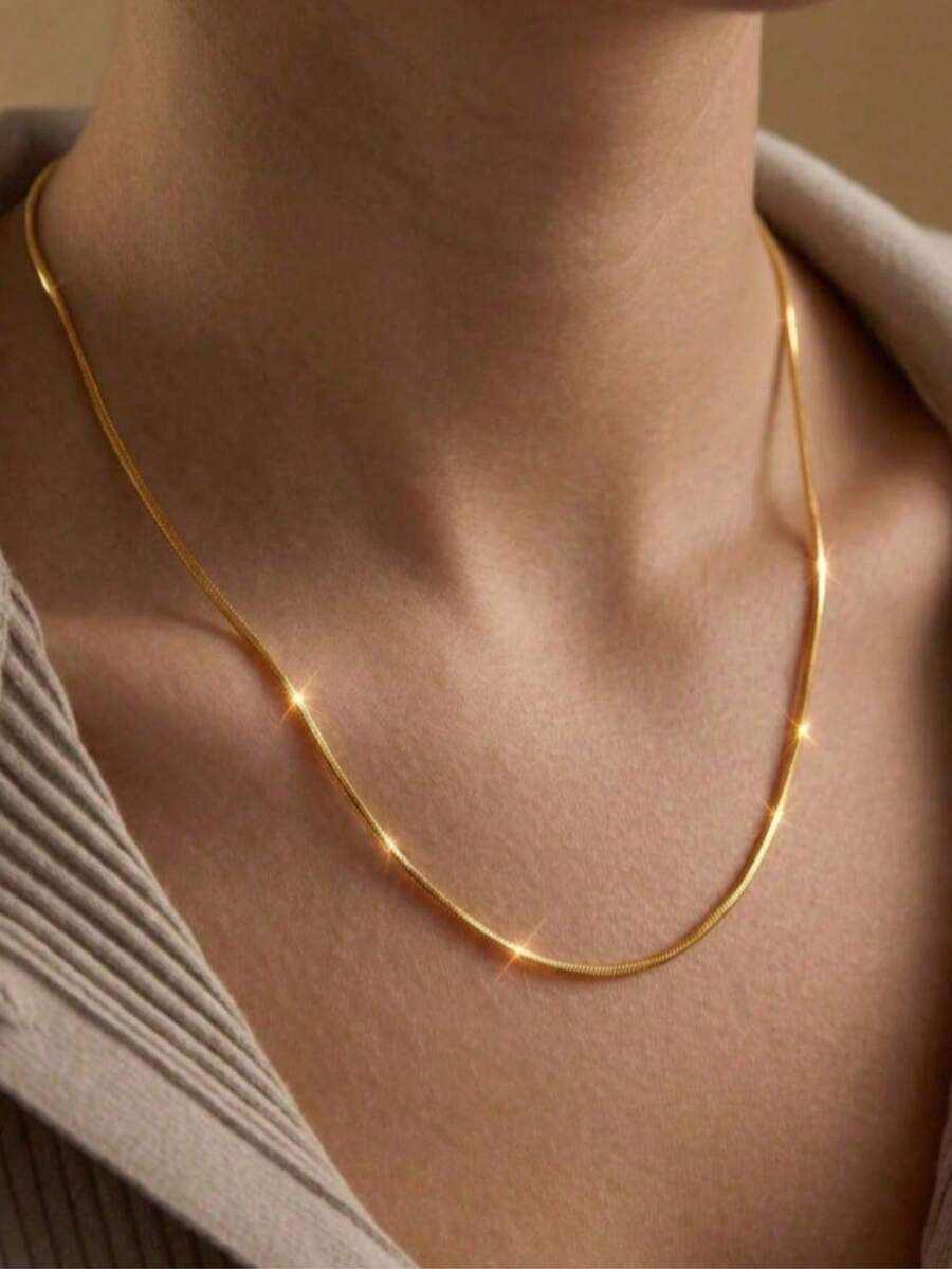 18K Gold Plated Stainless Steel Snake Chain Necklace For Women, Waterproof & Anti-Oxidation Fine Round Woven Collar, Minimalist Elegant Jewelry Gift - Gold - View 1