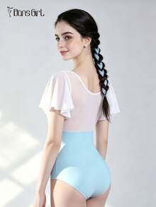 DonsGirl 1pc Women's Ruffle Sleeve Mesh Patchwork Ballet Leotard, Romantic Fairy Style Jumpsuit, Suitable For Aerial Yoga, Figure Skating And Dance Performance Costume - Baby Blue - View 6