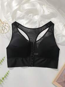 1pc Plus Size Front Closure Mesh Racerback Wireless Bra, Wide Y-Shaped Straps, Fixed Padding, Women's Support Tank Top Style Bra - Black - View 5