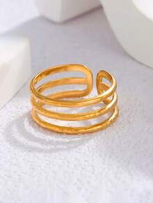 1PC Stainless Steel 18K Hammered Line Open Ring, Suitable For Women's Daily Office And Afternoon Tea Wear - Yellow Gold - View 1