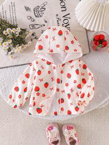 1pc Baby Girl Cute Strawberry Bow Print Long Sleeve Hooded Jacket, Lightweight, Spring/Autumn - Apricot - View 1