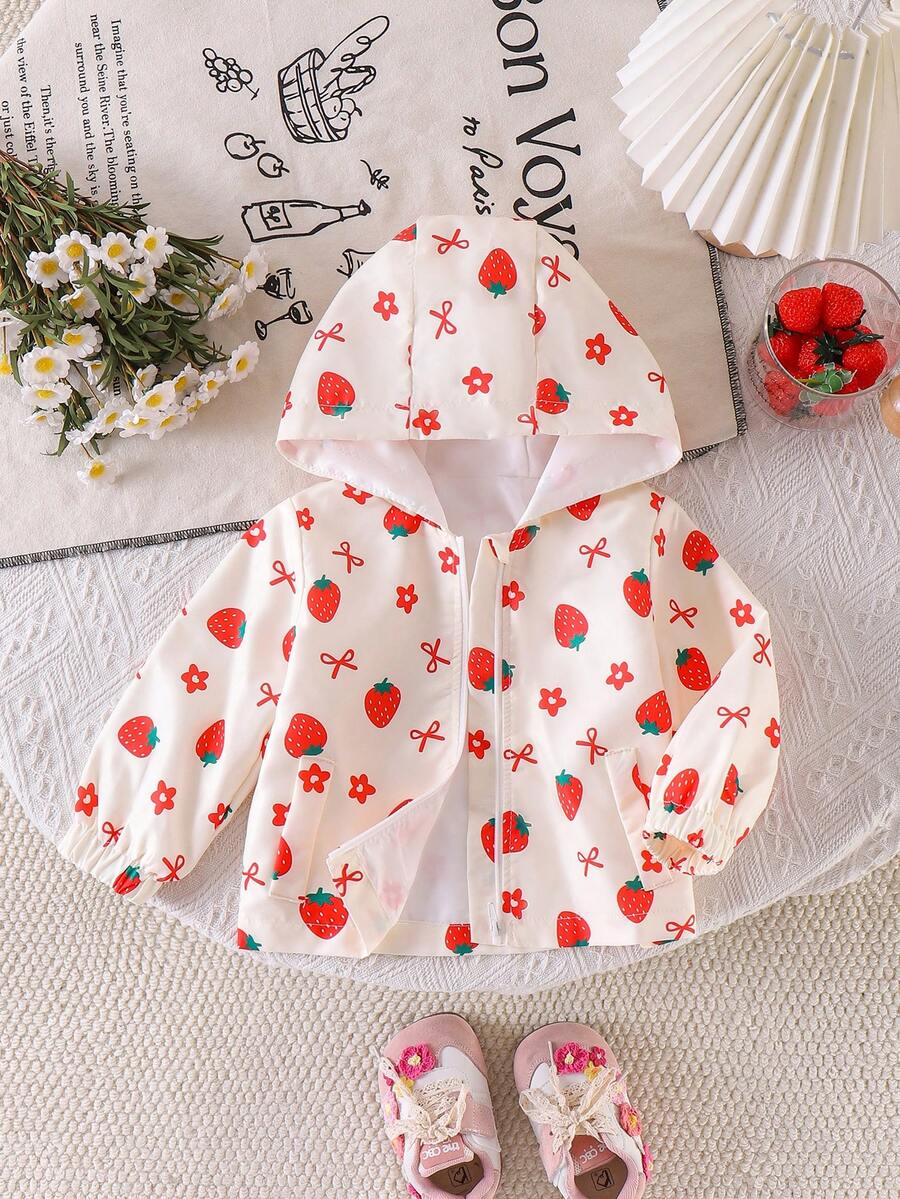 1pc Baby Girl Cute Strawberry Bow Print Long Sleeve Hooded Jacket, Lightweight, Spring/Autumn - Apricot - View 1