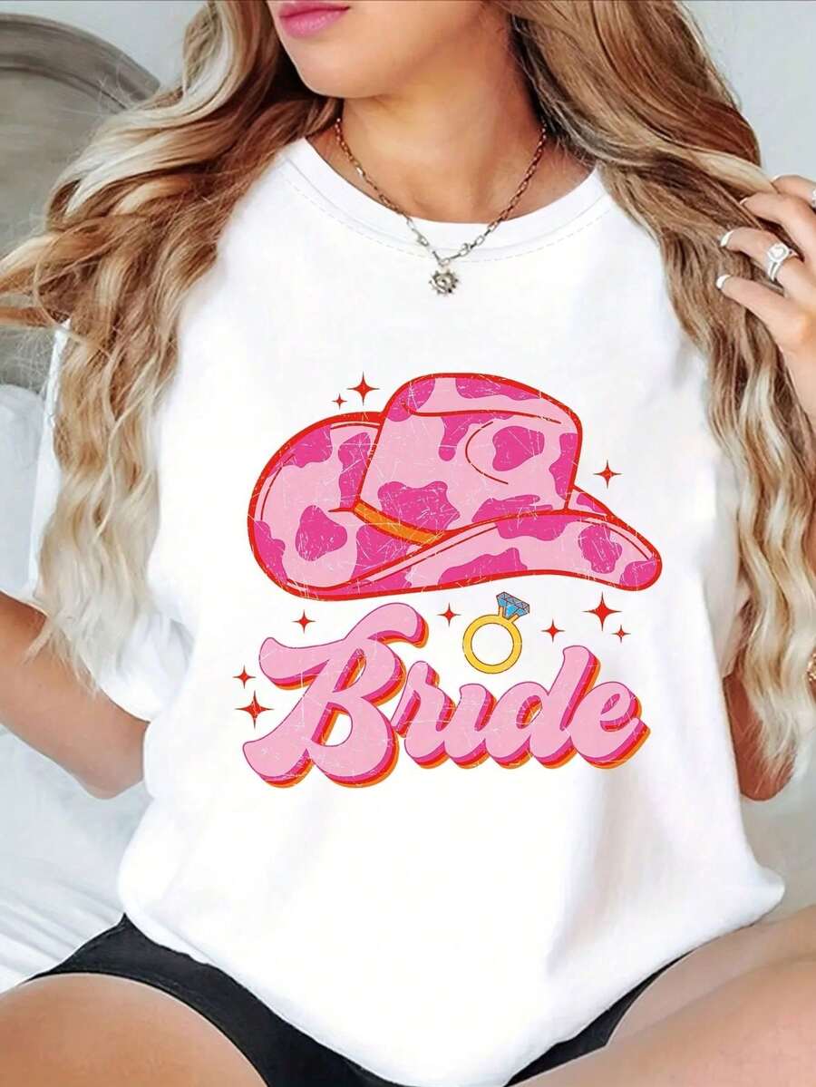 Vintage Pink Women's T-Shirt With Cow Print And Cowboy Hat, Diamond Ring And "Bride" Lettering, Casual Crew Neck Top For Bachelorette Party - White - View 1