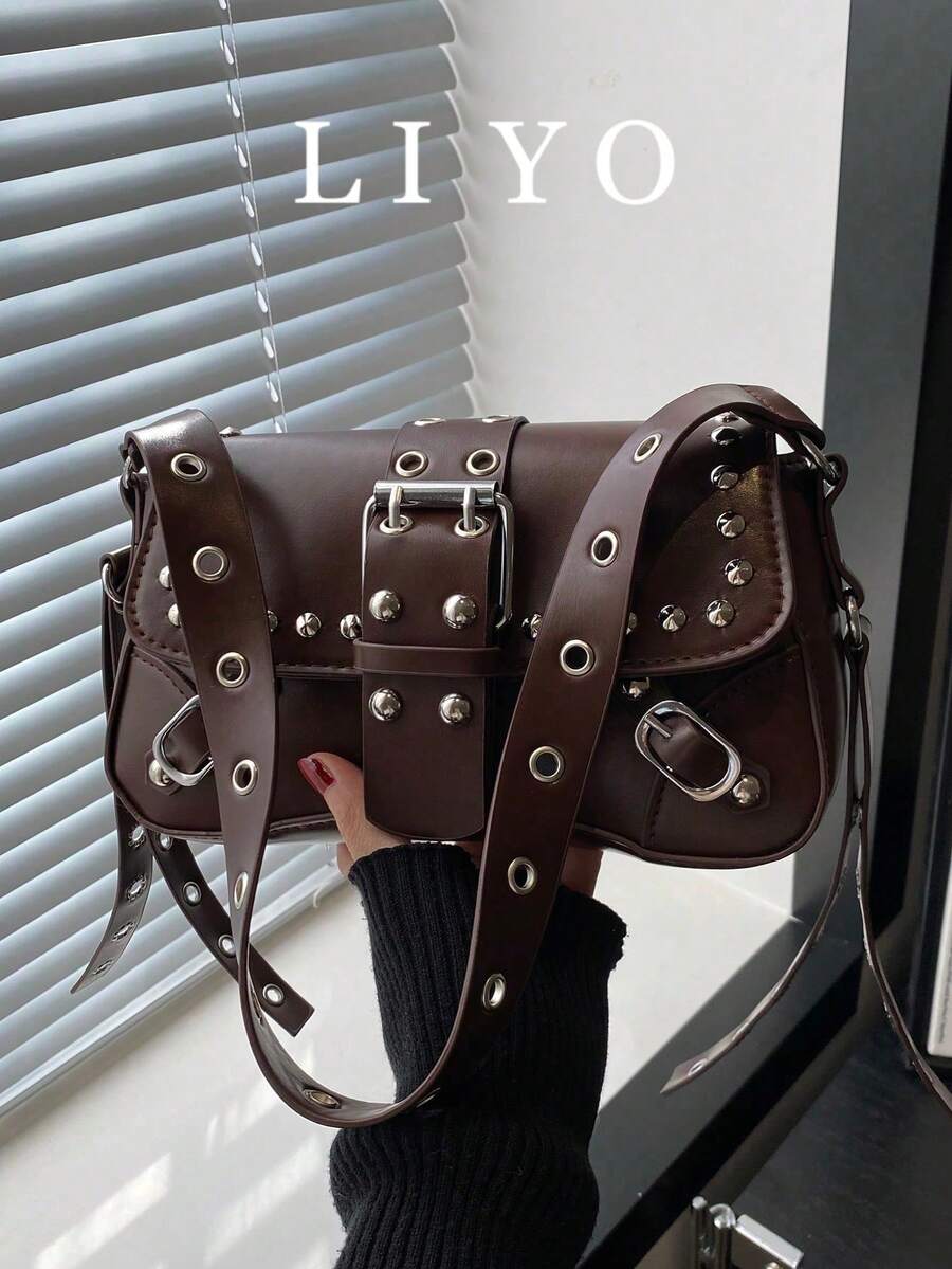 时尚铆钉装饰女士单肩包、腋下包、新月包、机车包，配皮带扣