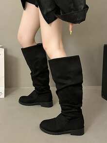 New Women's Autumn/Winter Fashion Ruched Black Versatile Slip-On Knee-High Boots, Comfortable Plus Size Chunky Heel Wide Shaft Retro Riding Boots - Black - View 4