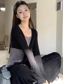 Kaos Lengan Panjang Wanita Baru Musim Semi, Abu-abu, Bahu Kotak, Desain Seksi, 2 in 1, Atasan Slim Fit - Warna gambar - View 3