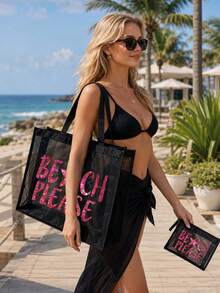 玫瑰紅亮片字母 BEACH 主題印花網眼托特包，「BEACH」字母與椰子樹圖案，大容量透明沙灘包，便利化妝包－度假必備、學生禮物、便攜式沙灘度假大容量單肩包、透明網眼化妝收納包，適合旅行、野餐、購物、辦公、外出、約會、日常使用、開學禮物、教師節禮物 - 彩色 - 查看 6