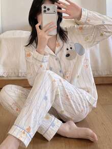 2pcs/Set Women's Puppy Print Textured Long Sleeve Pajamas, Suitable For All Seasons, Lapel Front Opening Cartoon Cute Style Loungewear - Apricot - View 7