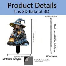 2D Acrylic Garden Stake Decor, Depicting A Girl In Witch Costume, Ideal For Beautifying Flower Pots, Perfect As Outdoor Garden Gift, Vintage And Decorative Art Style - A - View 5