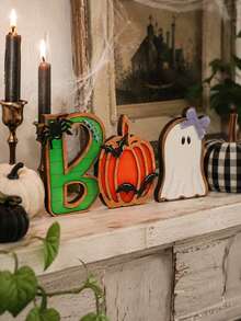 1 Peça Ornamento de Mesa com Letra BOO de Halloween, Decoração Combinada de Abóbora e Fantasma, Placa de Letra BOO, Decoração de Mesa de Halloween, Ornamento com Padrão de Abóbora, Fantasma e Morcego, Decoração com Tema de Casa Assombrada, Arranjo de Festa de Terror, Acento de Mesa de Lareira - Estilo 1 - Visão 10