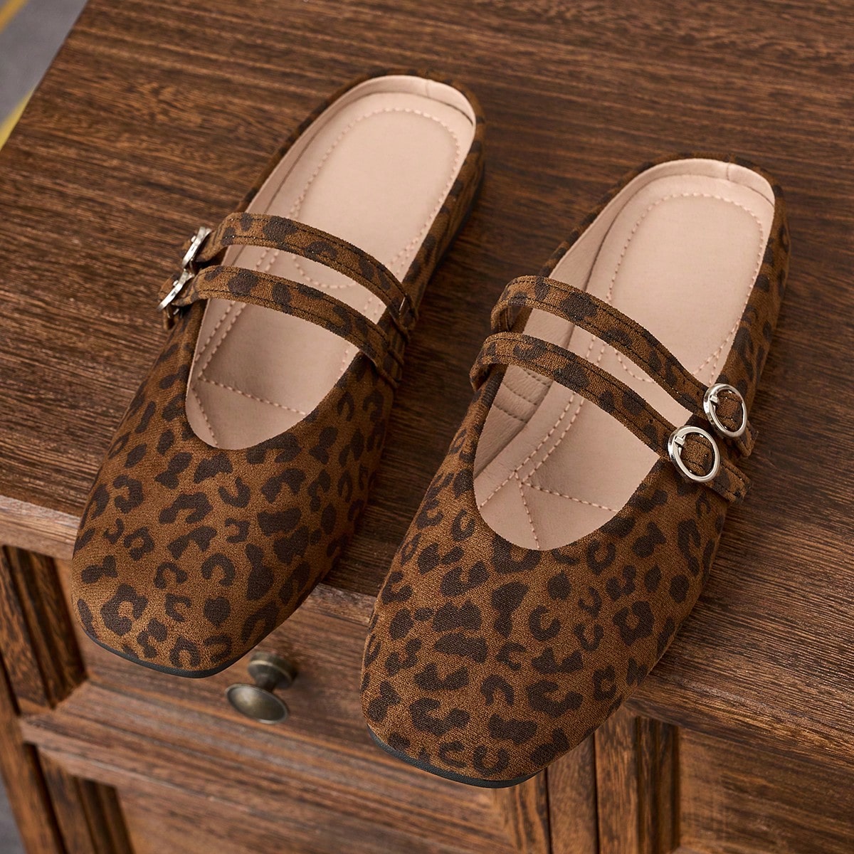 Women's Fashion Square Toe Low Vamp Leopard Print Shoes, Office Casual Versatile Ballet Shoes, Slippers, Flat Shoes, Summer Closed-Toe Slippers, Suitable For Wearing With Skirts