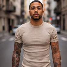American Ribbed Slim Fit T-Shirt - Light Beige - View 4