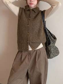 Alicedudu Women's Minimalist Collared/Turndown Collar Cardigan Sweater Vest, Spring/Autumn - Brown - View 2