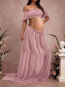 Maternity Sleeveless Ruched Dress, Chiffon Moderate Stretch Ruffle Detail Front Slit Ruched Hem, Maternity Photography Baby Shower Party Dress Pink - Pink - View 6