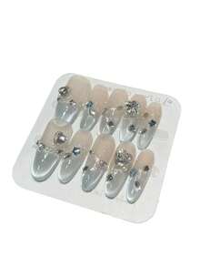 10pcs Handmade Long Almond Shape Press-On Nail Set, Transparent Gradient Light Blue Cat Eye Style, Rhinestone Decorated, Reusable Removable Adhesive Fake Nail Tips, Includes Nail Tools, Suitable For Wedding, Date, Party - Dusty Blue - View 7