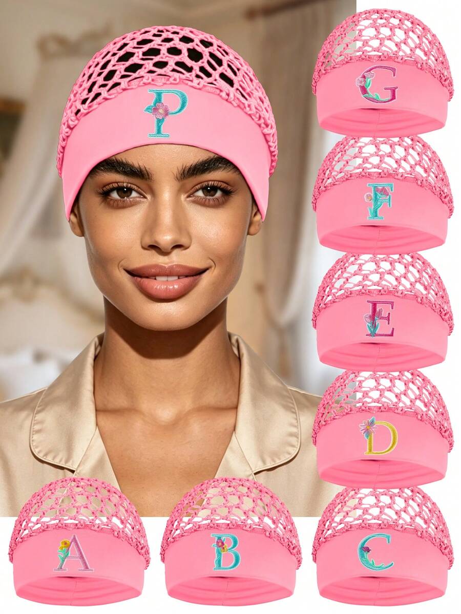 Floral Embroidered Letter Mesh Cap For Women - Personalized Initial Alphabet Elastic Wide Band Hair Bonnet, Crochet Hollow Out Night Sleep Hat - Pink - View 1