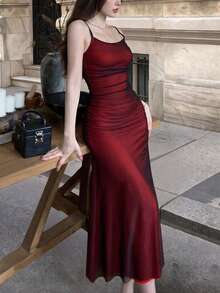 Women's Mesh Fitted Party Dress With Spaghetti Straps, Summer - Red - View 3