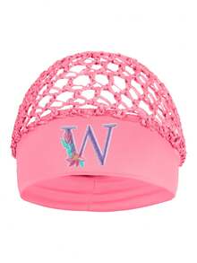 Floral Embroidered Letter Mesh Cap For Women - Personalized Initial Alphabet Elastic Wide Band Hair Bonnet, Crochet Hollow Out Night Sleep Hat - Pink - View 26
