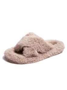 CAMEL CROWN Women's Fuzzy Cross Band Slippers, Plush Faux Fur House Slides, Soft Memory Foam Indoor Outdoor Open Toe Cozy Slip On Sandals - Khaki - View 2