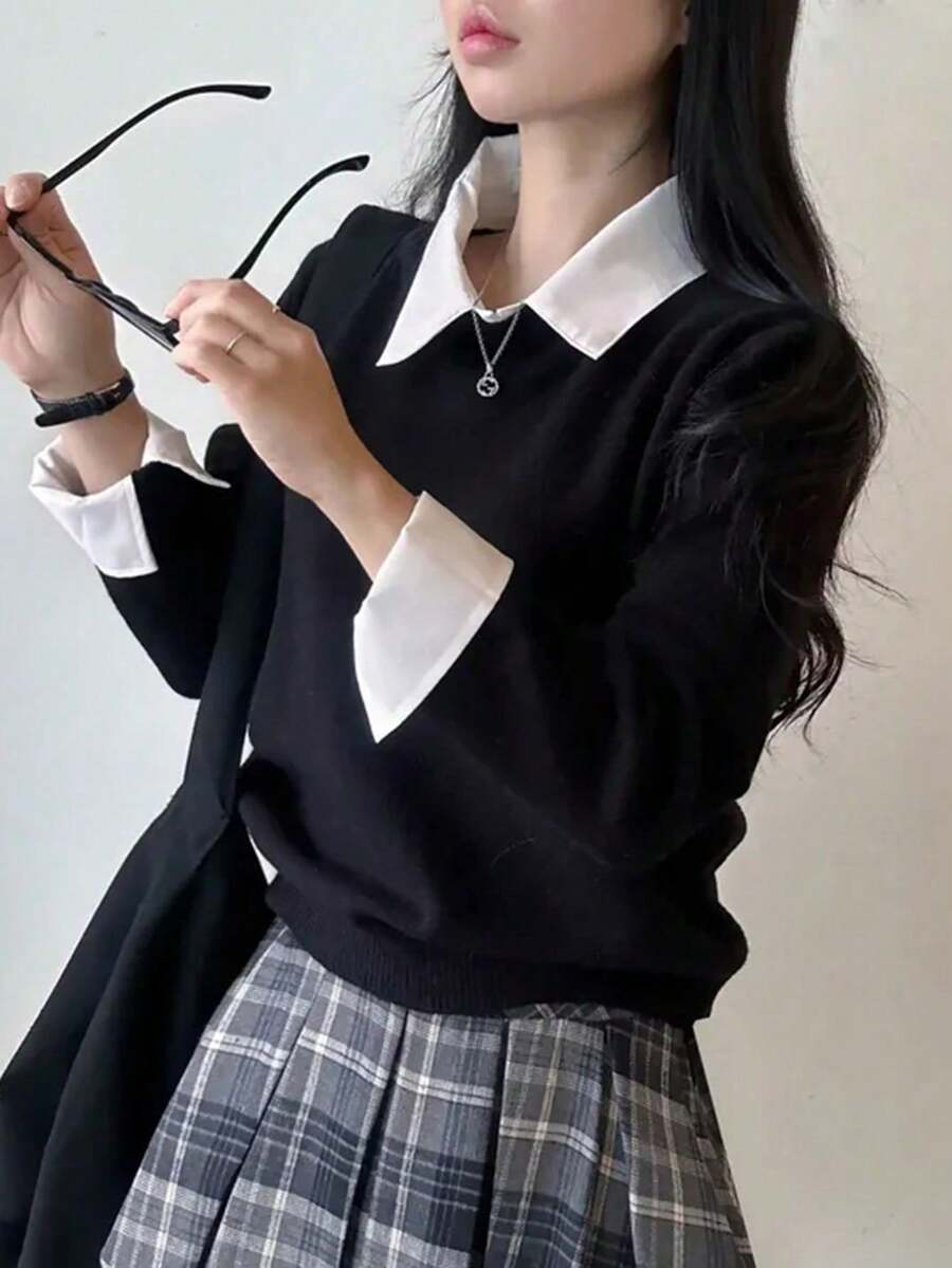 女款 2 合 1 波羅領層次感針織上衣,短版鬆身休閒風格,秋冬款 - 黑色 - 查看 1