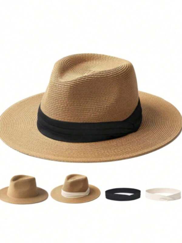 Sombrero de paja tipo fedora jazz bohemio tejido para vacaciones, 3 piezas