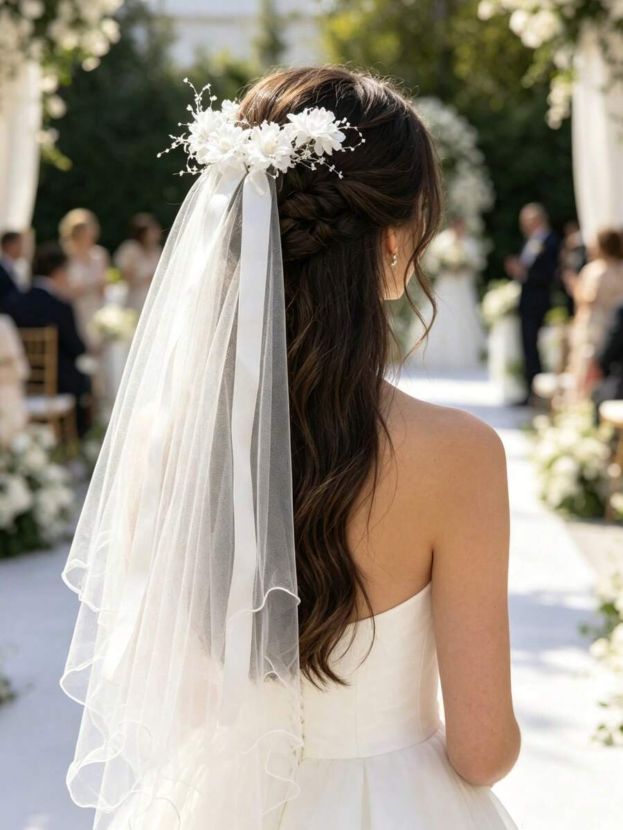 1pc Fashionable Elegant Oversized Bow Ribbon Mesh Beaded Flower Hair Comb Bridal Veil Hair Accessory Suitable For Wedding Party - White - View 1