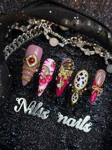 10pcs Handmade Fully Covered Stiletto Nails Press On Nails, Hot Pink Nails, Y2K Sweet And Spicy Retro Baroque Style,Four Sizes To Choose From, Suitable For Dance, Daily Wear, Girl Party, Cosplay, Reusable, With Nail Glue Sticker And Nail File - Hot Pink - View 6