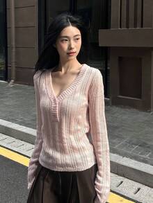 女款針織毛衣，初秋款，鉤編鏤空長袖修身顯瘦慵懶風V領上衣 - 粉色 - 查看 5