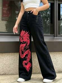 High-Waisted Straight-Leg Jeans, Stone-Washed Black Fabric, Loose & Comfortable Design Elongating Legs, Blending Street & Fashion Culture - Black - View 2