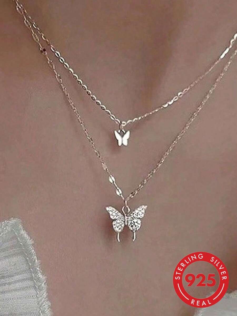 1pc S925 Sterling Silver Mori Style Fresh Double Layer Tassel Butterfly Pendant Necklace, Women's Minimalist Elegant Elegant Light Luxury High-End Personalized Exquisite Niche Fashion Versatile Neck Accessory, Valentine's Day Gift