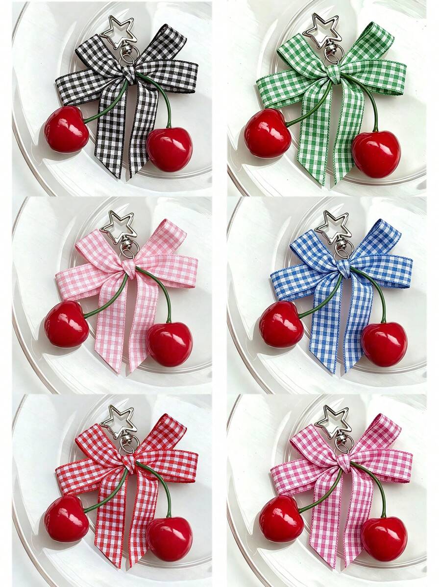 Elegant Cherry & Plaid Bow Acrylic Hard Card Holder, INS Style Bowknot Cherry Bag Charm Keychain With Multi-Color Card Slots, Chic Sweet Girl Style Accessory For Phone Case, Minimalist Bow Design, Sliding Flip Cover, Dual Card Slots, Small Card, Bus Card Holder, Bank Card Holder, Metro Card Storage, Portable Hanging, Adjustable ID Card Holder Keychain, Suitable For Office Workers And Students, Perfect Gift