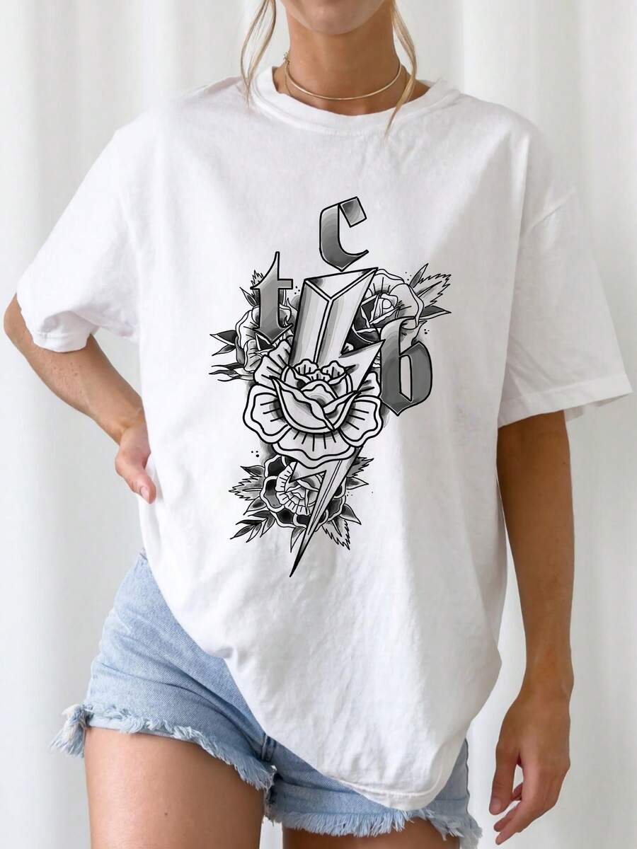 E-ElvisS TCB Gothic Letter Lightning Rose Flower Black White Tattoo Line Art Solid White Background Rockabilly Graphic Tee - White - View 1