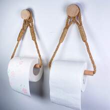 Rustic Hemp Rope And Wooden Stick Toilet Paper Holder - Wall-Mounted, Self-Adhesive, Decorative Bathroom Tissue Dispenser With Macrame Design, Toilet Paper Storage - Multicolor - View 6