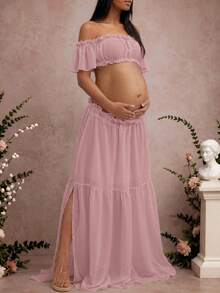 Maternity Sleeveless Ruched Dress, Chiffon Moderate Stretch Ruffle Detail Front Slit Ruched Hem, Maternity Photography Baby Shower Party Dress Pink - Pink - View 4