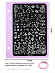 7Pcs Nail Stamping Plates Set With Pink Alloy Buckle, Stainless Steel Nail Art Template With Cherry Blossom Plaid Check Lace Mesh Heart Bow Music Note Pattern, Sweet Y2K Girly Nail Stamp Plate With Metal Rings For Salon DIY Manicure Accessories - Multicolor - View 13