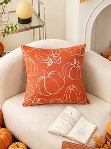 1pc Autumn Thanksgiving Minimalist Pumpkin Throw Pillow Cover, Orange Velvet With White Line Drawn Pumpkin Pattern Square Decor Cushion Case For Living Room Sofa Bed Holiday Party, Pillow Insert Not Included - Brown - View 4