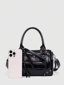 Women's Black Glossy PU Boston Tote Bag, Metal Rivet Decor, Dual Handle Design, Top Handle And Detachable Crossbody Strap - Black - View 4
