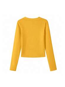 Street Style American Letter Print Design Fitted Y2K T-Shirt, Women's Autumn Long Sleeve Inner Layer Top Yellow Casual - Yellow - View 7