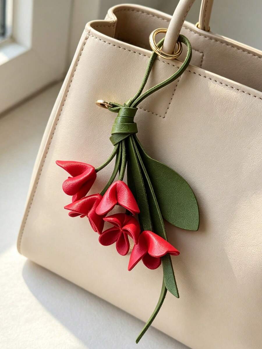 1pc Women's Leather 3D Floral Colorblock Hanging Bag Charm Keychain Gift, Suitable For Daily Bags And Clothing Accessories - Multicolor - View 1
