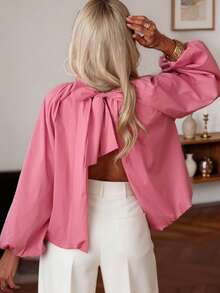 Women's Spring/Summer Casual Vacation Versatile Pink Backless Slit Design Long Sleeve Top, Brunch & Vacation Pink Top - Pink - View 6
