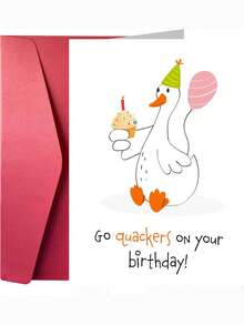 1Pc Cute Hand Drawn Duck Birthday Greeting Card, Pun Quote "Go Quackers On Your Birthday", Party Hat Cupcake & Pink Balloon Illustration, Minimal White Background Sweet Animal Lover Gift - Multicolor - View 4