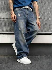 Men's Y2K Vintage Mid-Blue Distressed Ripped Loose Wide Leg Denim Jeans, Oversized Skateboard Streetwear Style - Medium Wash - View 3